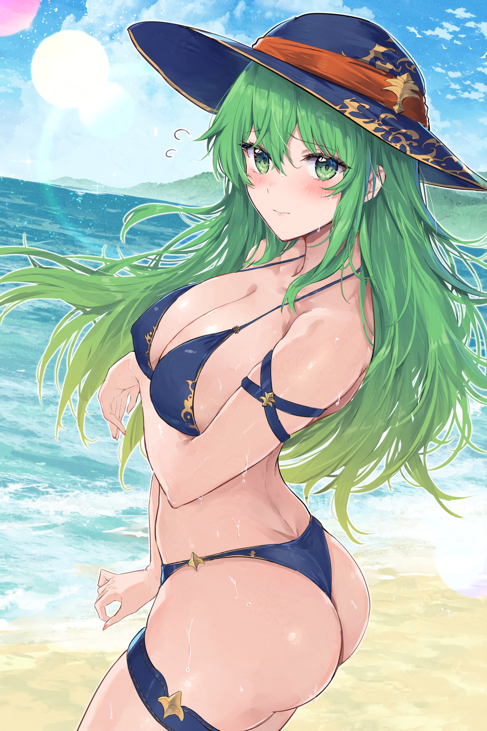 1girl 1girl 1girl alluring alternate_costume ass bare_shoulders beach big_breasts bikini blue_bikini blue_swimsuit blush cleavage covered_nipples female_only fire_emblem fire_emblem:_path_of_radiance fire_emblem:_radiant_dawn from_side gradient_hair green_eyes green_hair hat intelligent_systems long_hair looking_at_viewer midriff miyazakit multicolored_hair nephenee_(fire_emblem) nintendo ocean outside sun_hat swimsuit thigh_strap thighs yuuri_(orz_commushows)