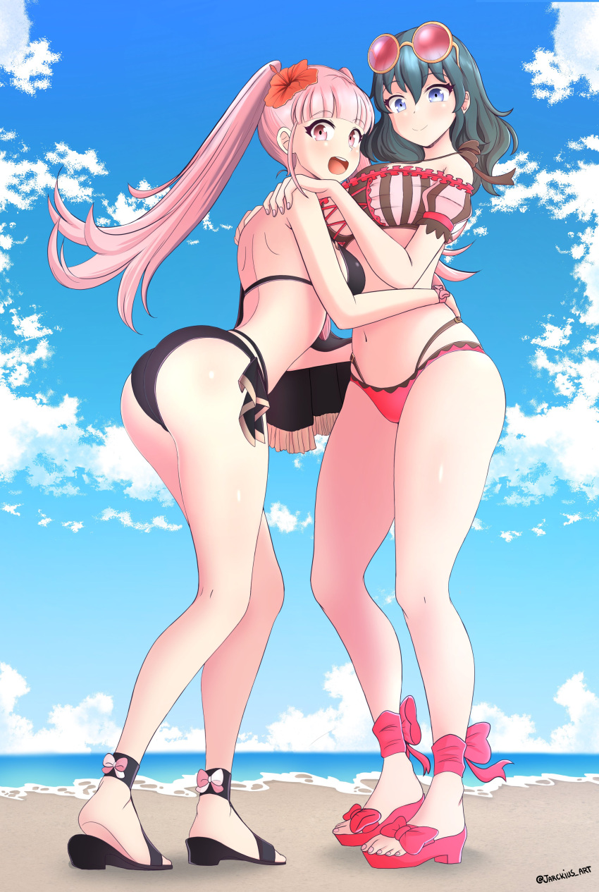 1girl 2_girls alluring alternate_costume ass back beach big_ass big_breasts bikini bikini_swap black_bikini black_sandals black_swimsuit blue_eyes byleth_(fire_emblem) byleth_(fire_emblem)_(female) byleth_(summer)_(fire_emblem)_(female) cape clouds cosplay costume_switch eyewear_on_head female_only fire_emblem fire_emblem:_three_houses fire_emblem_heroes flower flower_in_hair from_below hand_on_another's_shoulder high_heels hilda_valentine_goneril hilda_valentine_goneril_(summer) hugging intelligent_systems jarckius layered_bikini layered_swimsuit light-skinned_female light_skin long_hair looking_at_viewer looking_down medium_hair midriff navel nintendo ocean open_mouth outfit_swap outside pink_bikini pink_eyes pink_hair pink_sandals pink_swimsuit sand sandals sky sunglasses sunglasses_on_head swimsuit teal_hair twin_tails water