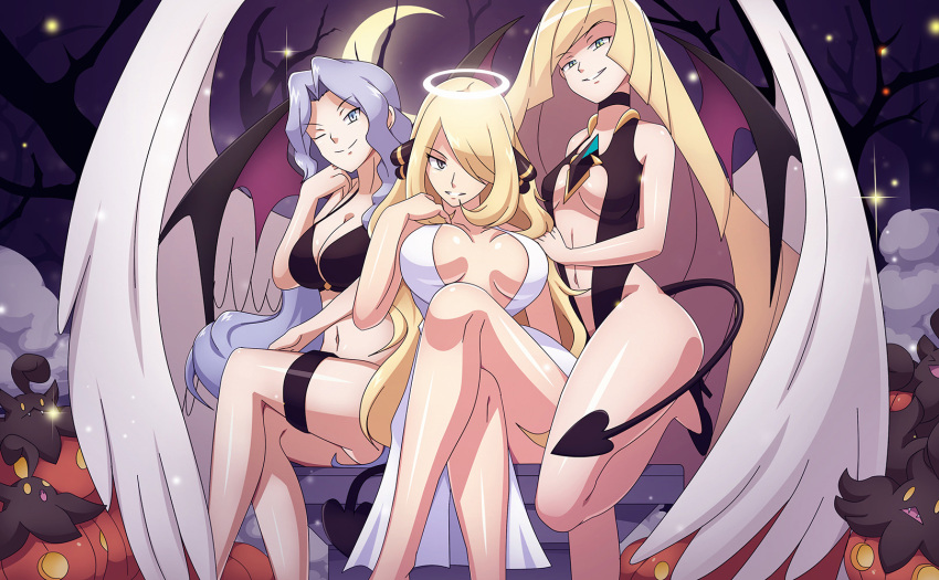 1girl 3_girls aether_foundation alluring ambiguous_gender ass being_watched big_breasts big_breasts bikini breasts_apart champion cleavage cynthia cynthia_(pokemon) dmy-gfx elite_four female_only ghost halloween halo harem human karen_(pokemon) long_hair looking_at_viewer lusamine lusamine_(pokemon) multiple_females multiple_girls mutual_yuri nintendo plant pokemon pokemon_bw pokemon_champion pokemon_dppt pokemon_gsc pokemon_hgss pokemon_sm pumpkaboo pumpkin scott_bennett size_difference swimsuit text vivivoovoo wings yuri