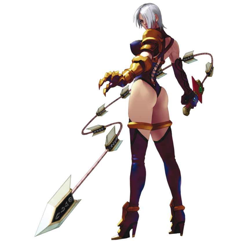 1girl angry aqua_eyes ass big_ass big_breasts breasts elbow_gloves female_only female_solo fighting_stance footwear from_behind full_body gauntlets gloves gold_footwear gold_high_heels grey_hair hair_over_one_eye head_tilt high_heels holding holding_sword holding_weapon isabella_valentine ivy_valentine jewelry kawano_takuji legs lips lipstick looking_to_the_side makeup namco parted_lips pink_lipstick pose posing purple_clothing purple_gloves revealing_clothes serious short_hair silver_hair simple_background single_gauntlet single_glove soul_calibur soul_calibur_ii soulcalibur_ii standing sword thighlet thighs weapon whip_sword white_background yellow_footwear yellow_high_heels