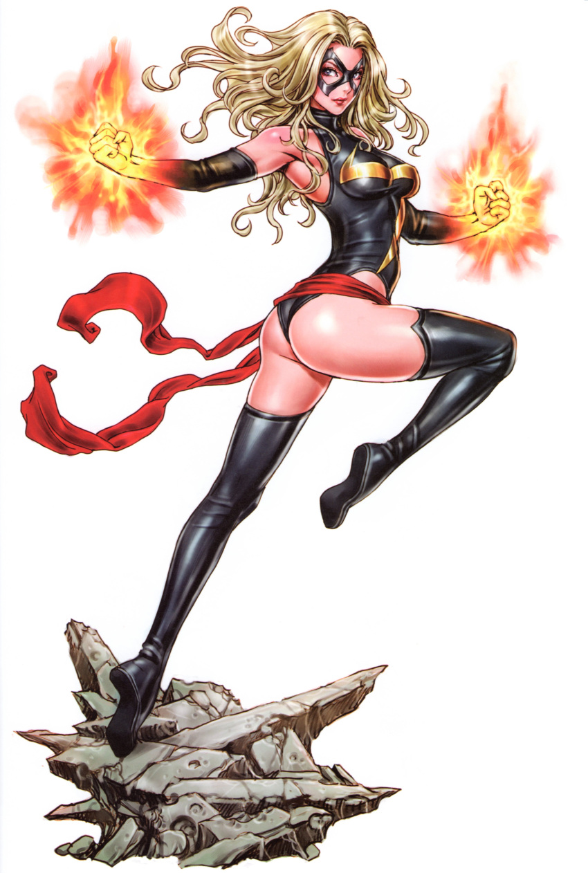1girl armpits ass bangs bare_shoulders big_ass black_boots black_footwear black_gloves black_leotard black_mask black_thigh_boots blonde_female blonde_hair boots breasts carol_danvers clenched_hands closed_mouth domino_mask elbow_gloves expressionless female_only female_solo floating_hair flying footwear full_body gloves heroine human leotard lips long_hair looking_at_viewer looking_back magic marvel marvel_comics mask medium_breasts ms._marvel ms._marvel_(carol_danvers) parted_bangs red_lipstick serious simple_background sleeveless sleeveless_leotard sleeveless_turtleneck superheroine thigh_high_boots turtleneck turtleneck_leotard white_background x-men yamashita_shun'ya