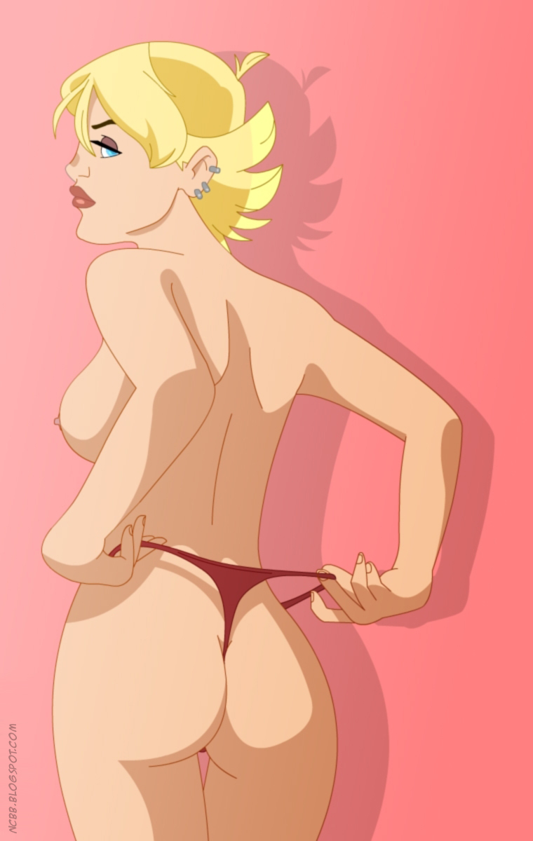 1girl ass back badassk9 bare_arms bare_ass bare_back bare_leg big_ass blonde_female blonde_hair blue_eyes boom-boom breasts closed_mouth ear_piercing earrings expressionless eyeshadow female_only female_solo from_behind half-closed_eyes jewelry legs lips lipstick looking_at_viewer looking_back makeup marvel marvel_comics neck nipples panties parted_lips piercing pink_background red_lipstick red_panties red_underwear serious shadow short_hair sideboob standing tabitha_smith teenage_girl thighs topless topless_female underwear x-men x-men_evolution