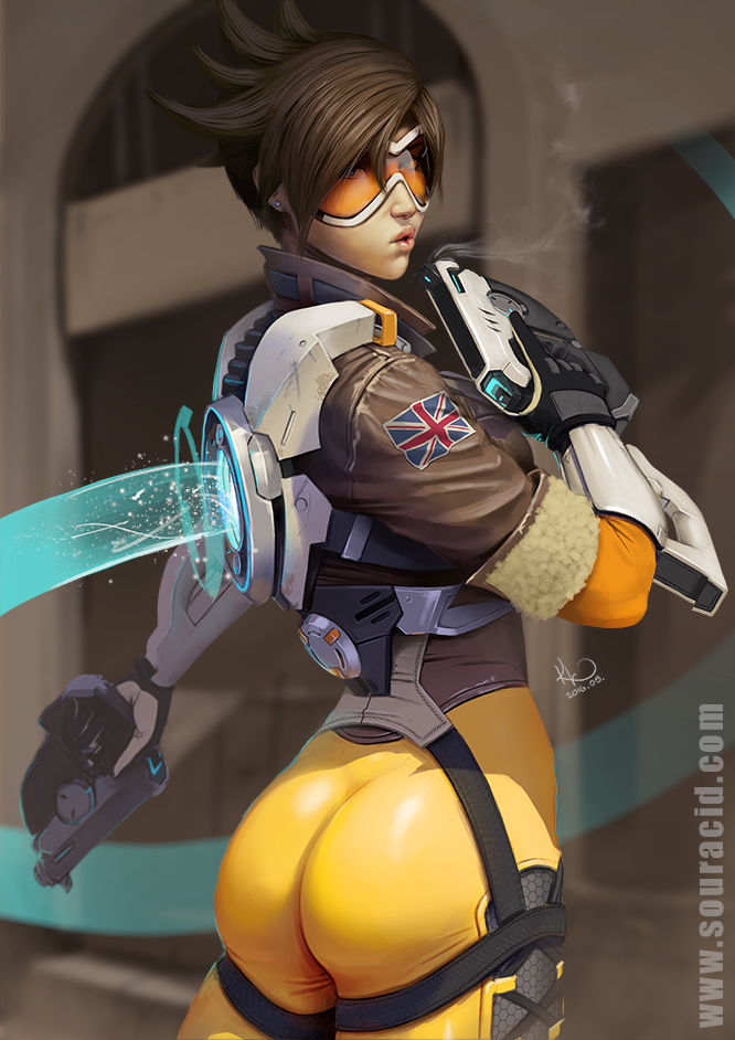 1girl ass big_ass blizzard_entertainment blowing blowing_smoke brown_hair brown_jacket dual_wielding earrings female_only female_solo from_behind fur fur_trim gun hand_up holding holding_gun holding_weapon jacket jewelry lips looking_at_viewer looking_back overwatch short_hair skin_tight souracid_(artist) standing stud_earrings tracer_(overwatch) trigger_discipline weapon