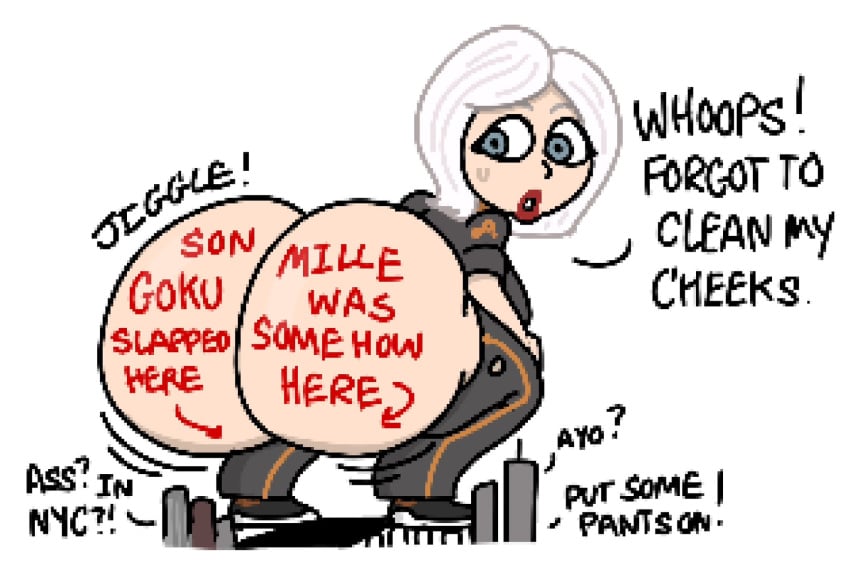 1girl ass big_ass blue_eyes body_writing city crossover dragon_ball dreamworks dreamworks_animation giantess ginormica goku huge_ass lipstick monster_girl monsters_vs_aliens paramount_pictures son_goku susan_murphy tagme theslashfive twerking weird_crossover white_hair