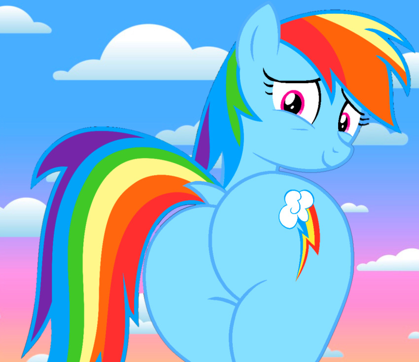 1girl ass blue_skin completely_nude completely_nude_female female_focus furry furry_female hasbro looking_back multicolored_hair my_little_pony my_little_pony_friendship_is_magic nude_female rainbow_dash_(mlp) sky tail