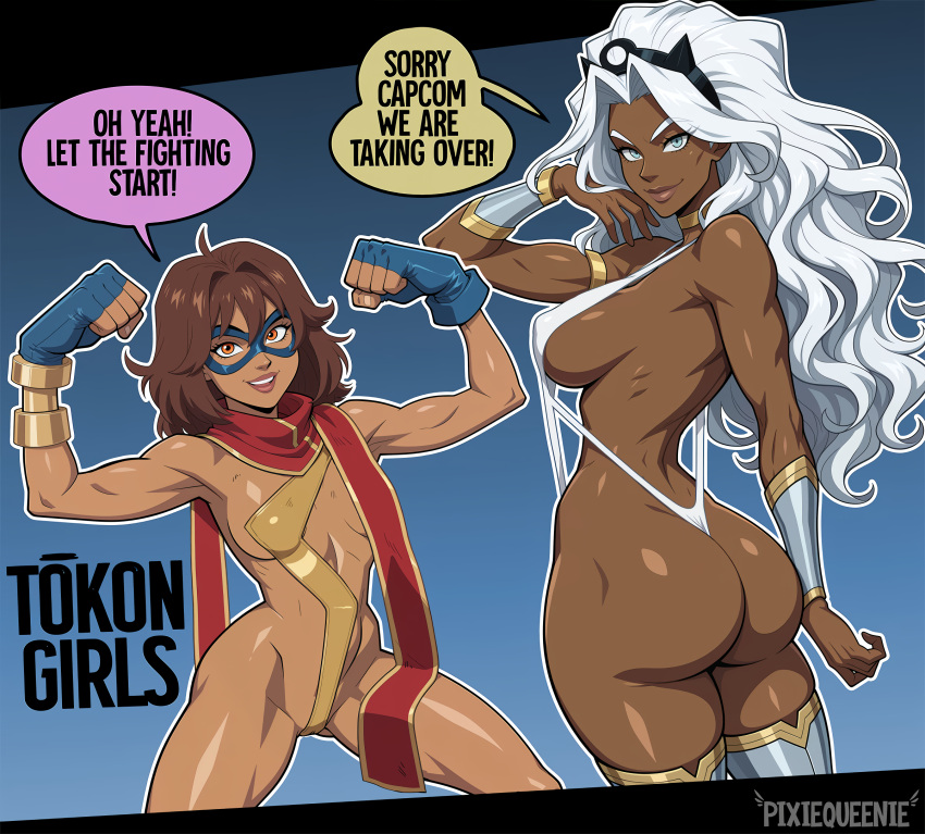 1girl 2_girls ass big_ass big_breasts big_thighs bikini brown_hair collar dark-skinned_female dark_skin dialogue domino_mask female_only flexing hero heroine kamala_khan long_hair marvel marvel_tokon:_fighting_souls ms._marvel ms._marvel_(kamala_khan) panties pixiqueenie pussy_hair scarf sideboob small_breasts storm_(x-men) superheroine text thick_thighs white_hair x-men