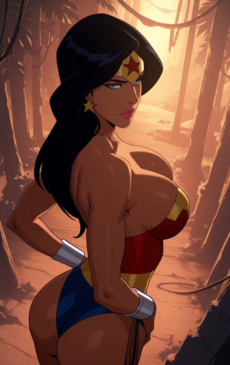 1girl amazon arms_at_sides ass back bangs bare_arms bare_shoulders big_ass big_breasts black_hair blue_eyes blue_leotard bracer breasts cleavage closed_mouth collarbone dc_comics dcau diana_prince earrings eepol eepol_(artist) expressionless female_only female_solo from_behind half-closed_eyes heroine jewelry jungle justice_league justice_league_dark:_apokolips_war justice_league_unlimited lasso_of_truth leotard lips lipstick long_hair looking_at_viewer looking_back makeup multicolored_clothes multicolored_leotard nature neck outside parted_bangs pillar pink_lipstick red_leotard ruins serious sideboob standing star_(symbol) star_earrings straight_hair strapless strapless_leotard sunset superheroine themysciran tiara two-tone_leotard wonder_woman wonder_woman:_bloodlines wonder_woman_(series)