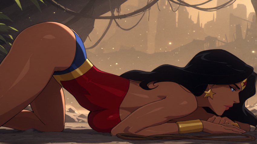 1girl amazon back bangs bare_arms bare_legs bare_shoulders big_breasts black_hair blue_eyes blue_leotard bracer breast_press breasts closed_mouth collarbone day dc_comics dcau diana_prince earrings eepol eepol_(artist) expressionless female_only female_solo from_side half-closed_eyes heroine jewelry jungle justice_league justice_league_dark:_apokolips_war justice_league_unlimited lasso_of_truth legs leotard lips lipstick long_hair looking_down looking_to_the_side makeup multicolored_clothes multicolored_leotard nail_polish nature neck on_floor outside parted_bangs pink_lipstick red_leotard ruins shade shadow sideboob star_(symbol) star_earrings straight_hair strapless strapless_leotard superheroine themysciran thick_thighs thighs tiara top-down_bottom-up two-tone_leotard wonder_woman wonder_woman:_bloodlines wonder_woman_(series)