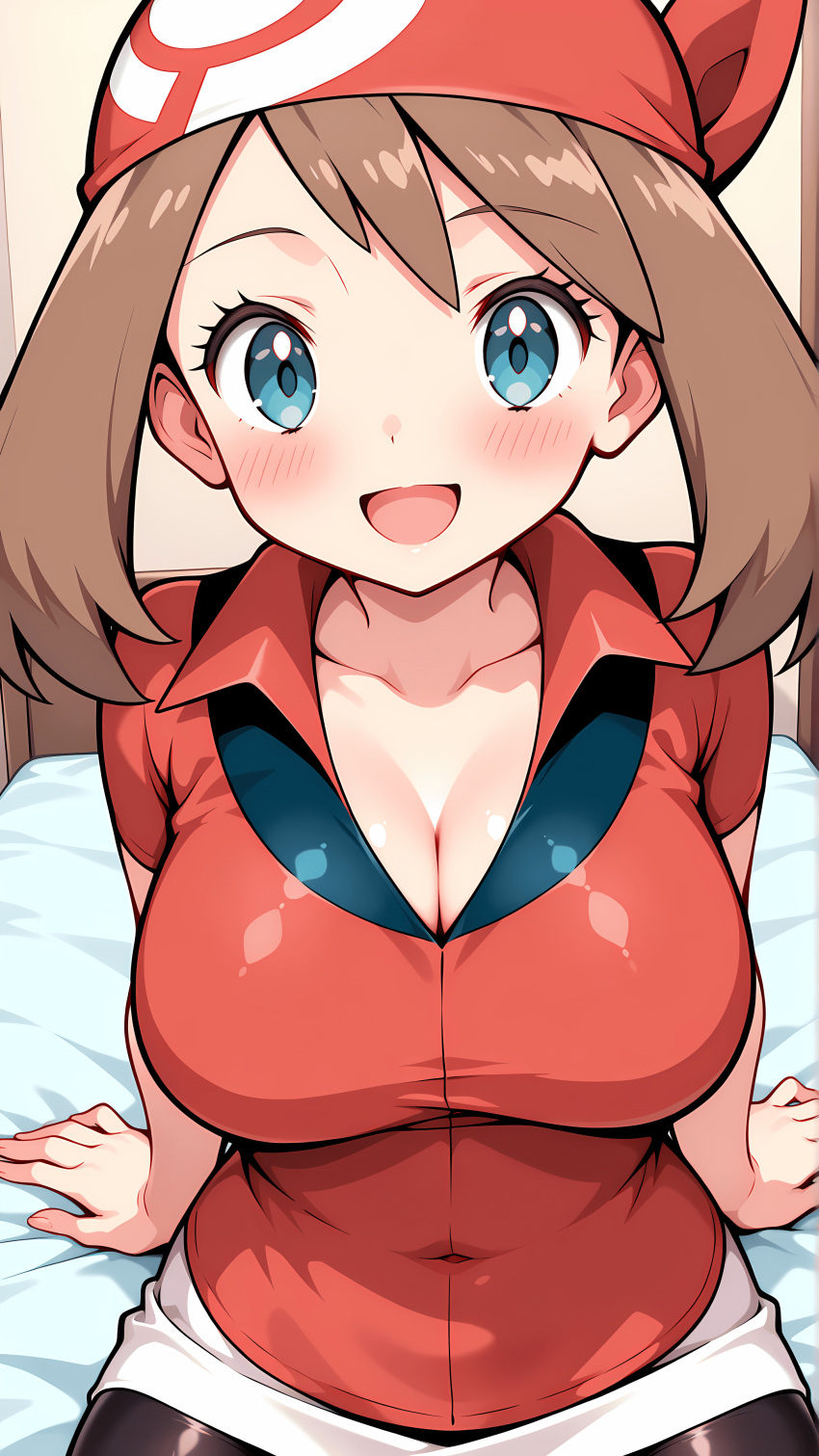 1girl bandanna big_breasts blue_eyes blush brown_hair creatures_(company) female_focus game_freak haruka_(pokemon) looking_at_viewer may_(pokemon) nintendo pokemon_(anime) sitting