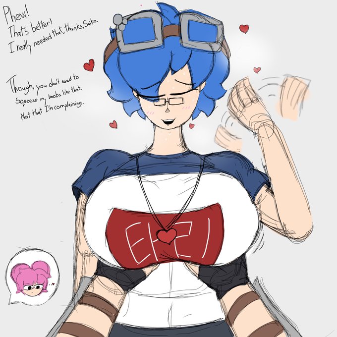 2025 alternate_universe big_breasts blush_lines fanning_self glasses goggles_on_head holding_breasts saiko_(smg4) tari_(smg4) thesushisensei