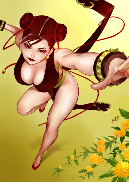 1girl alternate_costume arm_up asymmetrical_bangs bangs bare_arms bare_legs bare_shoulders big_breasts black_dress bracelet breasts brown_eyes brown_hair brown_lipstick capcom chun-li cleavage closed_mouth double_bun dress earrings female_only female_solo fighting_stance flower footwear from_above hair_bun half-closed_eyes jewelry legs lips lipstick long_dress looking_at_viewer looking_up makeup matching_hair/eyes mound_of_venus naughty_face outstretched_arm pelvic_curtain plant red_footwear red_shoes sakakibara_mizuki sakakibara_mizuki_(artist) shadow shoes short_hair smile spiked_bracelet spikes standing standing_on_one_leg street_fighter thighs tied_hair yellow_background yellow_earrings yellow_ears yellow_flower