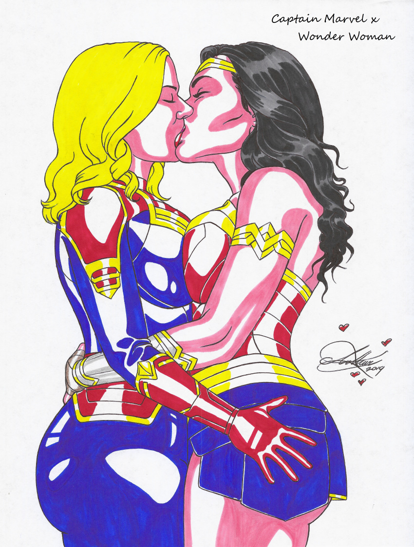 2_girls amazon armlet avengers avengers:_endgame bangs bare_shoulders big_breasts black_hair blonde_female blonde_hair blue_bodysuit blue_skirt bodysuit bracer breast_press breasts captain_marvel carol_danvers closed_eyes couple crossover dc_comics dcau diana_prince duo female_only heart heroine hugging jewelry justice_league justice_league_unlimited kaywest kissing lips lipstick long_hair love makeup marvel marvel_comics miniskirt ms._marvel_(carol_danvers) multicolored_bodysuit multicolored_clothes multiple_girls mutual_yuri neck parted_bangs purple_lipstick red_bodysuit red_lipstick red_tubetop romantic romantic_couple simple_background skin_tight skirt standing strapless superheroine symmetrical_docking the_marvels themysciran tiara tubetop two-tone_bodysuit white_background wonder_woman wonder_woman_(series) yuri