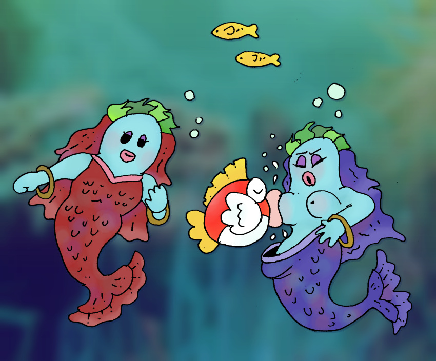 2girls ambiguous_gender breast_sucking breasts bubble bubbles cheep_cheep clothed female fish lochlady mario_(series) mermaid nintendo no_humans nude plaguetyranno super_mario_odyssey underwater underwater_sex