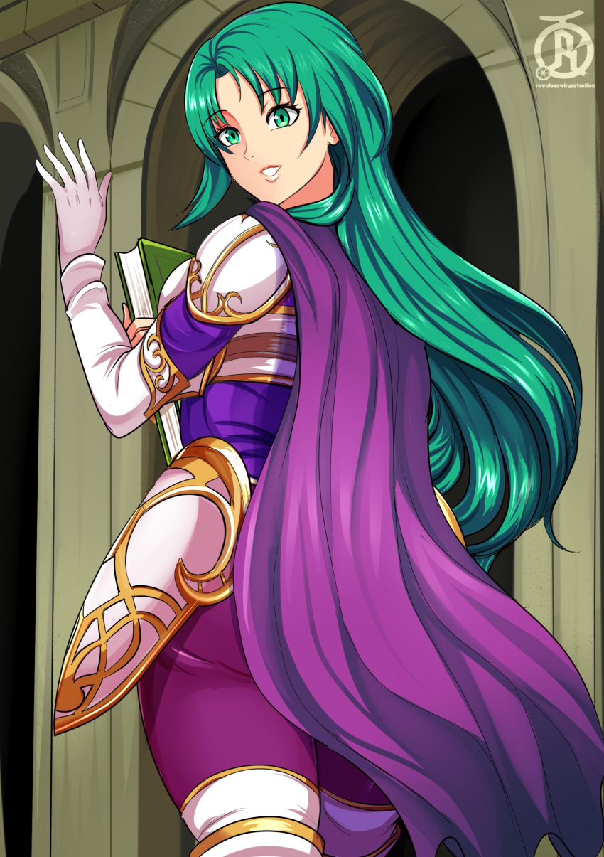1girl 1girl 1girl alluring book cape cecilia_(fire_emblem) color female_only fire_emblem fire_emblem:_the_binding_blade fully_clothed green_eyes green_hair intelligent_systems nintendo revolverwingstudios smile