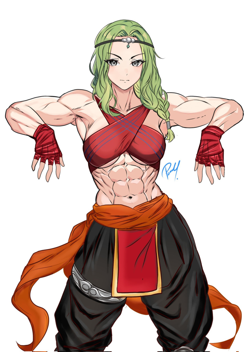 1girl 1girl abs alternate_costume athletic_female baggy_pants circle criss-cross_halter female_abs fingerless_gloves fire_emblem fire_emblem_heroes fit_female gloves green_hair grey_eyes halterneck high_res intelligent_systems leaning_back looking_at_viewer medium_breasts monk nintendo nott_(fire_emblem) pablo150898 pants sash signature simple_background under_boob white_background
