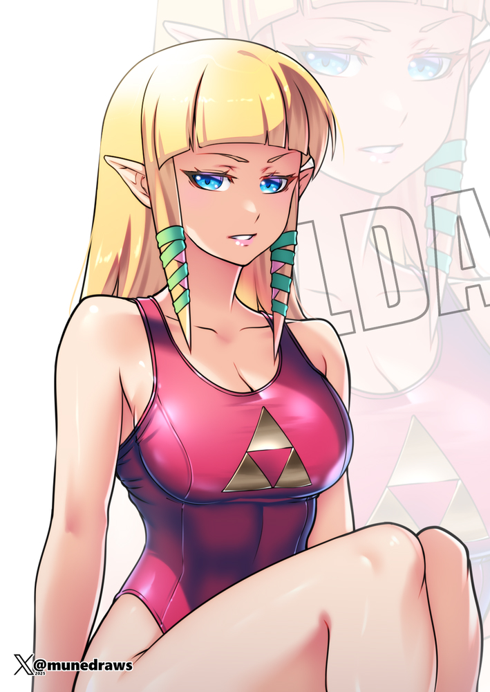 1girl 1girl alluring big_breasts blonde_hair blue_eyes etchimune hair_ornament jewelry long_hair looking_at_viewer nintendo one-piece_bikini pointy_ears princess_zelda red_one-piece_bikini sidelocks swimsuit the_legend_of_zelda the_legend_of_zelda:_skyward_sword