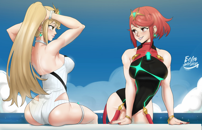 1girl 2_girls alluring bikini blonde_hair echosaber female_only heroine heroines milf mythra nintendo one-piece_bikini pyra red_hair swimsuit xenoblade_(series) xenoblade_chronicles_2