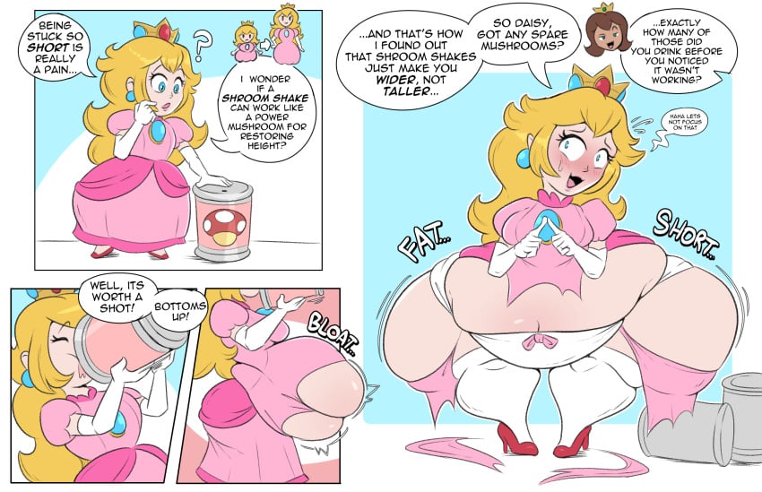 1girl 2_girls ass bbw belly big_breasts blonde_hair blue_eyes bow_panties breasts comic comic_page crown earrings english_text female_focus female_only high_heels hips hyper hyper_ass large_ass mario_(series) nintendo one_page_comic overweight overweight_female panties plump princess princess_daisy princess_peach ripped_clothing ripped_dress shortstackification speech_bubble stockings stomach super_mario_bros. text text_bubble thick_thighs thighs underwear veryfilthything wardrobe_malfunction weight_gain wide_hips
