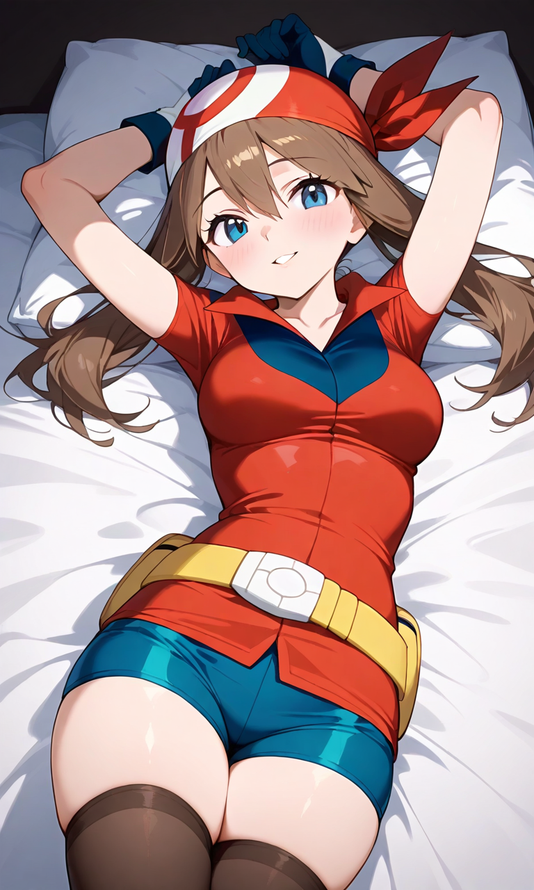 1girl ai_generated arms_behind_head bandana bike_shorts blue_eyes breasts brown_hair creatures_(company) female_focus game_freak gloves haruka_(pokemon) looking_at_viewer lying may_(pokemon) nintendo on_bed pokemon_(anime) pokemon_(game) twin_tails
