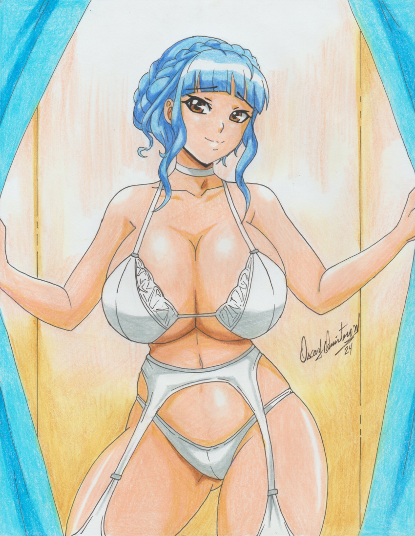 1girl alluring ass_visible_through_thighs bangs bare_thighs big_breasts blue_hair braid brown_eyes cleavage commission curtains female_only fire_emblem fire_emblem:_three_houses garter_belt intelligent_systems light_blue_hair lingerie looking_at_viewer marianne_von_edmund nintendo ravern_clouk ravernclouk_design retro_artstyle short_hair sidelocks smile stockings thick_thighs thighs under_boob underwear white_bra white_panties
