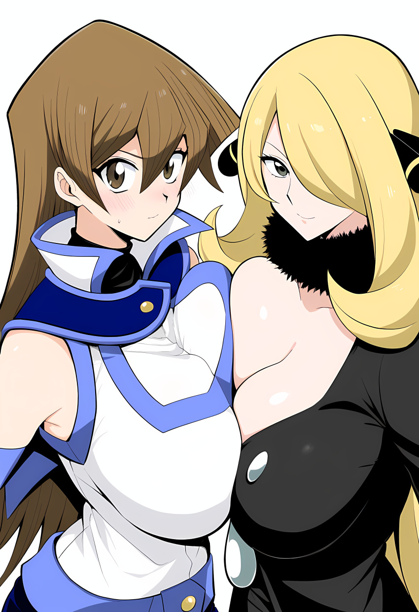 2_girls ai_generated alexis_rhodes asuka_tenjouin big_breasts blush breast_press breasts crossover cynthia_(pokemon) female_focus imminent_yuri konami looking_at_viewer nintendo novelai pokemon pokemon_bdsp pokemon_dppt pokemon_dppt_(anime) self_upload symmetrical_docking tenjouin_asuka white_background yu-gi-oh! yu-gi-oh!_duel_monsters_gx yu-gi-oh!_gx yuri