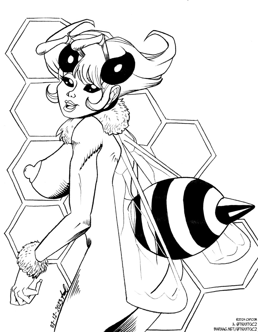 antennae back_view bee_girl big_breasts darkstalkers erect_nipples insect_girl insect_wings looking_at_viewer looking_back nipples nude nude_female q-bee short_hair stinger tiquitoc