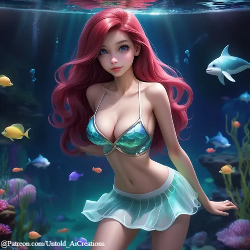 1girl ai_generated cleavage clothing disney female petite princess_ariel seductive skirt solo solo_female standing the_little_mermaid underwater untoldcreate