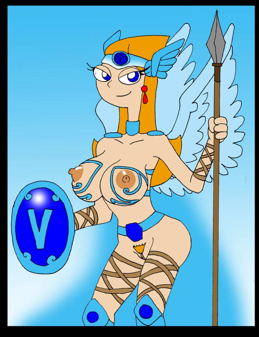 1girl big_breasts big_nipples blue_eyes candace_flynn cosplay disney disney_channel eyelashes female_only ferozyraptor looking_at_viewer orange_hair phineas_and_ferb shield smiling_at_viewer spear wings