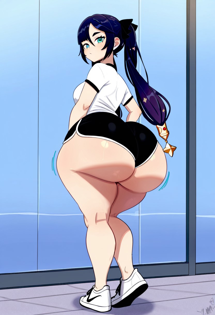 1girl ai_generated ass big_ass big_breasts booty_shorts breasts dolphin_shorts fundoshilover101 genshin_impact huge_ass mona_(genshin_impact)