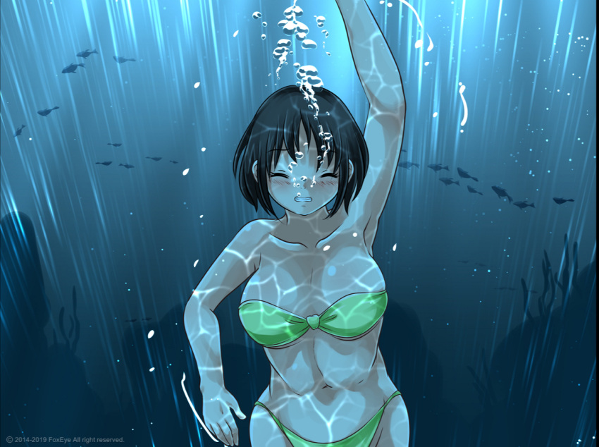 1girl armpits asphyxiation at_night_in_a_party:_the_whisper_of_the_sea big_breasts bikini black_hair breasts closed_eyes collarbone drowning female female_only fish foxeye_(artist) foxeye_limited_game_collection game_cg green_bikini karin_(foxeye) navel original peril solo solo_female strapless_bikini strapless_bra swimming swimsuit underwater