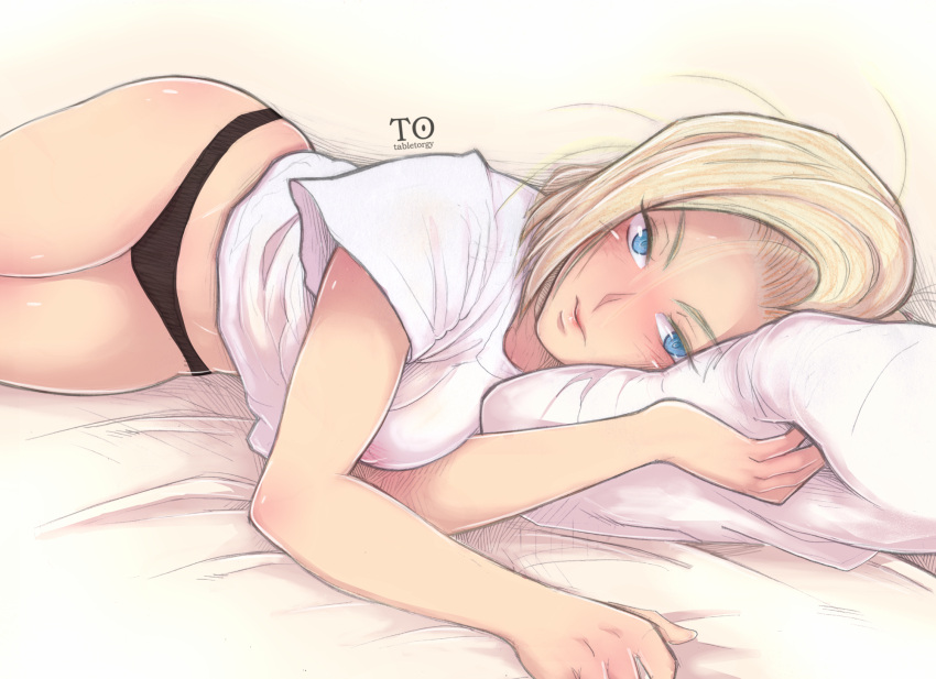 1girl alternate_costume android_18 bare_arms bare_legs bed big_breasts black_panties black_underwear blonde_female blonde_hair blue_eyes blush bob_cut breasts closed_mouth dragon_ball dragon_ball_z female_only female_solo half-closed_eyes legs legs_together lips looking_at_viewer lying lying_on_bed lying_on_side messy_hair midriff naughty_face on_bed on_side panties pillow shirt short_hair short_sleeves simple_background smile t-shirt tabletorgy thick_thighs thighs toei_animation underwear white_background white_shirt