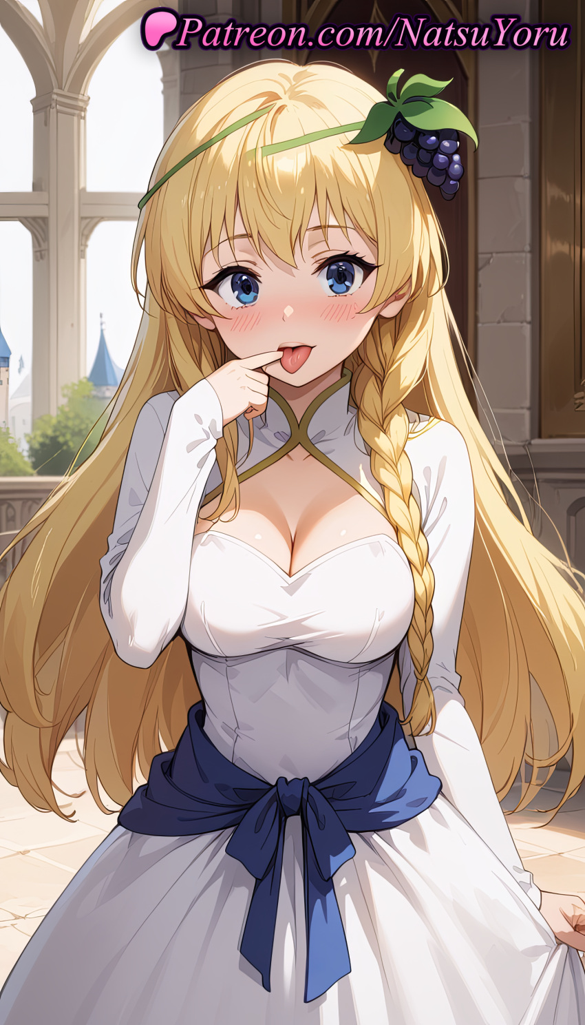 1girl 2025 ai_generated anime anime_style arch asian bangs big_breasts blonde_hair blue_eyes blush braid breasts bust cleavage cleavage_cutout clothing clothing_cutout cowboy_shot day dress female_focus female_only female_solo finger_to_mouth food food-themed_hair_ornament fruit grapes hair_ornament hentai high_quality high_res high_resolution indoors iris_(konosuba) kono_subarashii_sekai_ni_shukufuku_wo! long_hair long_sleeves looking_at_viewer medium_breasts natsuyoru open_mouth outside patreon sash side_braid single_braid smile solo_female stable_diffusion tongue tongue_out very_long_hair voluptuous voluptuous_female white_dress