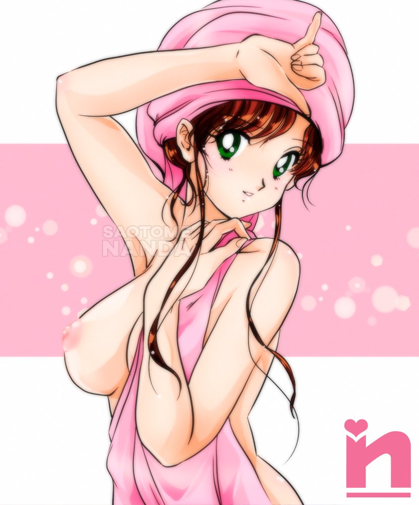 1990s_(style) 1girl 1girl 1girl after_bathing alluring big_breasts bishoujo_senshi_sailor_moon breasts brown_hair green_eyes long_hair looking_at_viewer makoto_kino nipples nude pink_nipples retro_artstyle saotome_nanda sidelocks toei_animation towel towel_on_head wardrobe_malfunction