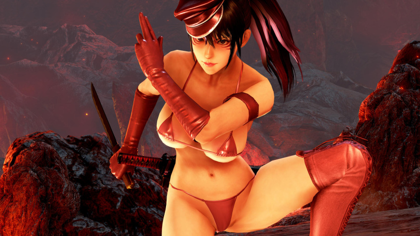 1girl alluring big_breasts bikini black_and_red_and_purple_hair brimstone_and_fire_(stage) cleavage elbow_gloves hat kitsune_marks kunimitsu_ii kunoichi lava mod namco posing tekken under_boob volcano
