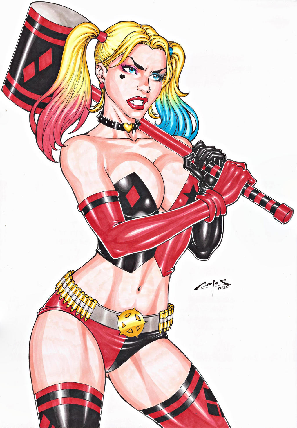 1girl alternate_costume angry asymmetrical_eyeshadow asymmetrical_gloves bangs bare_shoulders batman_(series) big_breasts black_choker blonde_female blonde_hair blue_eyes blue_eyeshadow breasts carlos_braga choker cleavage clenched_teeth clown_girl collarbone corset dc_comics dcau earrings elbow_gloves eyeshadow female_only female_solo gloves gradient gradient_hair hammer harleen_quinzel harley_quinn heart heart_choker heart_necklace holding holding_hammer holding_mallet holding_weapon jewelry legs legwear light_blue_hair lips lipstick long_hair looking_to_the_side makeup mallet midriff multicolored_hair multicolored_panties multicolored_underwear navel neck necklace panties parted_bangs parted_lips pink_eyeshadow red_earrings red_hair red_lipstick revealing_clothes round_teeth sidelocks simple_background standing stockings strapless supervillainess teeth thick_thighs thighs three-tone_hair tied_hair twin_tails two-tone_panties underwear villainess weapon white_background