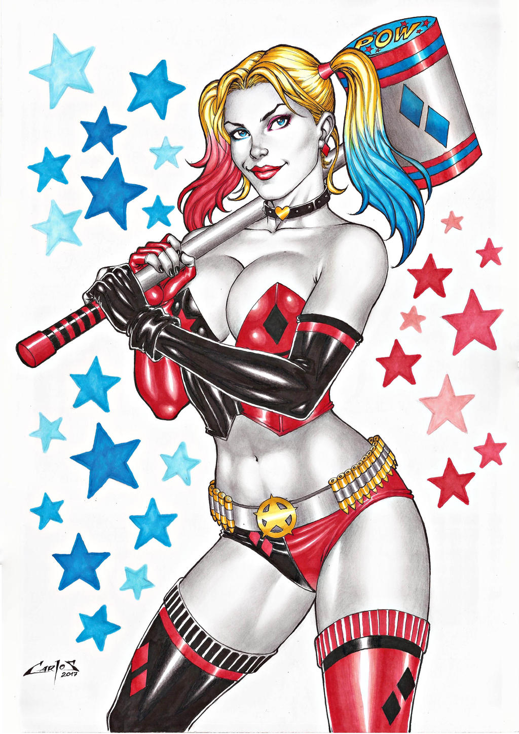 1girl alternate_costume asymmetrical_eyeshadow asymmetrical_gloves bangs bare_shoulders batman_(series) big_breasts black_choker black_nails blonde_female blonde_hair blue_eyes blue_eyeshadow breasts carlos_braga choker cleavage closed_mouth clown_girl collarbone corset dc_comics dcau earrings elbow_gloves eyeshadow female_only female_solo gloves gradient gradient_hair hammer harleen_quinzel harley_quinn heart heart_choker heart_necklace holding holding_hammer holding_mallet holding_weapon jewelry legs legwear light_blue_hair lips lipstick long_hair looking_at_viewer makeup mallet midriff multicolored_hair multicolored_panties multicolored_underwear nail_polish naughty_face navel neck necklace panties parted_bangs pink_eyeshadow red_earrings red_hair red_lipstick revealing_clothes sidelocks smile standing star_(symbol) starry_background stockings strapless supervillainess thighs three-tone_hair tied_hair twin_tails two-tone_panties underwear villainess weapon white_background