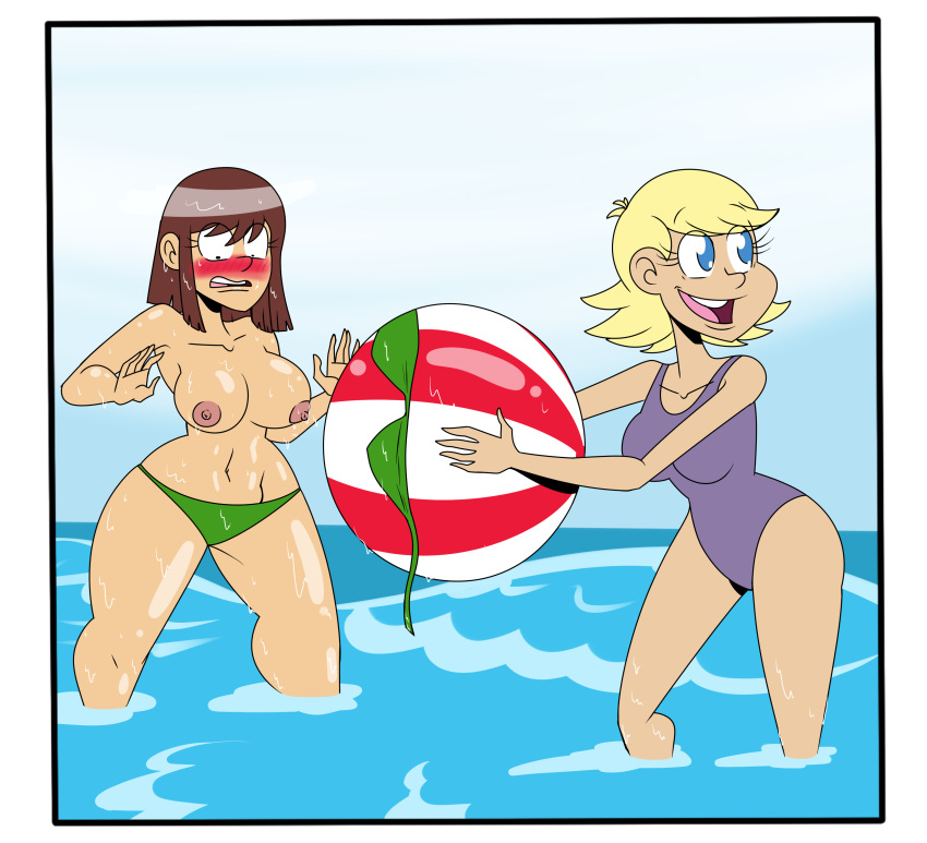 2girls aged_up ball beach_ball big_breasts bikini bikini_bottom bikini_malfunction bikini_top blonde_hair blush breasts brown_hair closed_eyes comic duo duo_female enf female female_only frostbiteboi half-closed_eyes lily_loud lisa_loud multiple_girls nickelodeon nipples ocean older smile swimsuit the_loud_house thong topless wardrobe_malfunction water wet