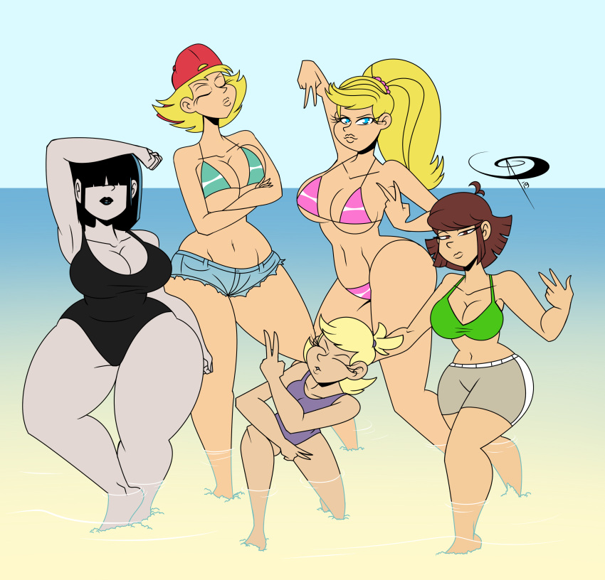 5girls aged_up armpits bangs beach belly big_breasts bikini black_hair black_lipstick blonde_hair blue_eyes bob_cut breasts brown_eyes brown_hair closed_eyes collarbone daisy_dukes daisy_dukes_bikinis_on_top denim_shorts duckface female frostbiteboi goth goth_girl hair_over_eyes huge_breasts jean_shorts lana_loud lily_loud lips lipstick lisa_loud lola_loud lucy_loud midriff multiple_females multiple_girls navel nickelodeon older one-piece_swimsuit peace_sign ponytail posing sand short_hair short_shorts shorts siblings sisters straight_hair swimsuit swimwear take_your_pick the_loud_house thicc-verse thick thick_thighs thighs twin_sisters twins water wide_hips