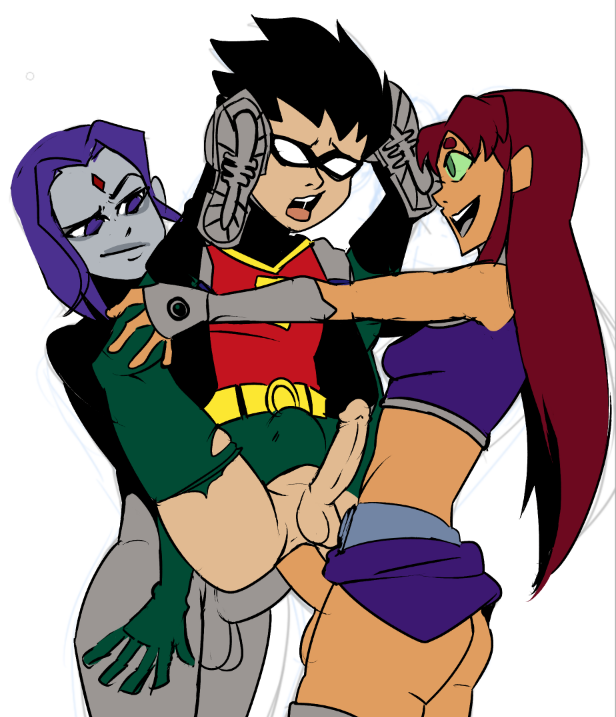 1boy 2futas anal double_anal futanari_on_male raven_(dc) robin starfire teen_titans