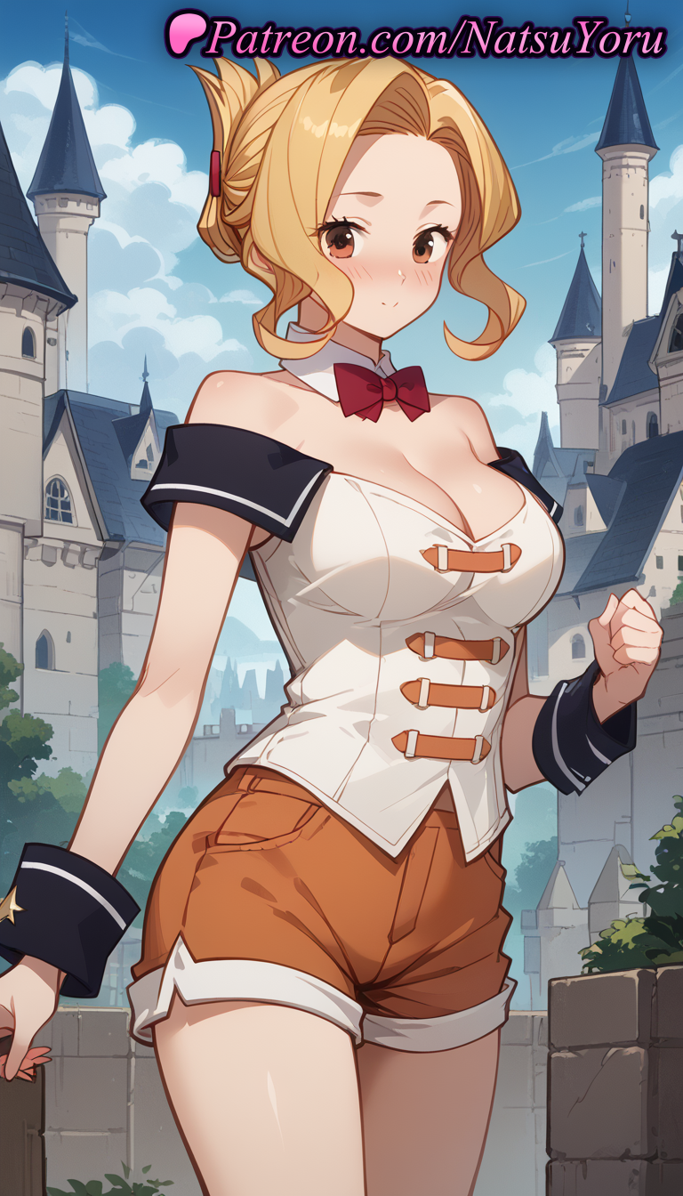 1girl 2025 ai_generated anime anime_style bare_shoulders big_breasts blonde_hair blue_sky blush bow bowtie breasts brown_eyes brown_shorts building bust castle cleavage closed_mouth cloud collar corset cowboy_shot day detached_collar female_focus female_only female_solo folded_ponytail forehead hair_bun hentai high_quality high_res high_resolution kono_subarashii_sekai_ni_shukufuku_wo! looking_at_viewer luna_(konosuba) medium_breasts more_at_source natsuyoru off_shoulder orange_shorts outside parted_bangs patreon red_bow red_bowtie shirt short_shorts shorts sky smile solo_female stable_diffusion standing thighs voluptuous voluptuous_female white_shirt wrist_cuffs
