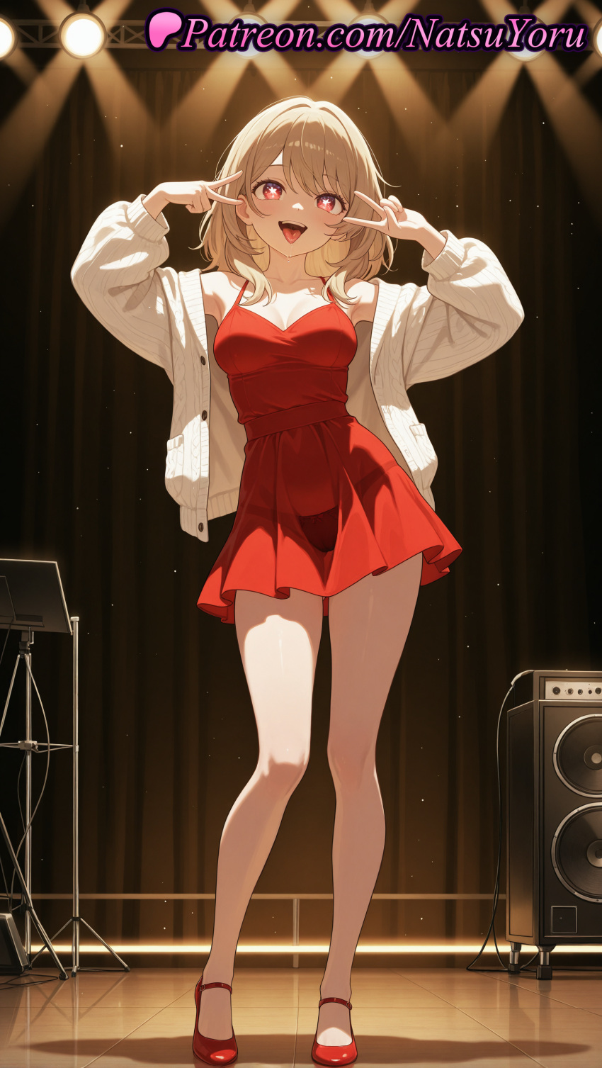 1girl ai_generated amplifier anime anime_style arms_up bangs bare_legs bare_shoulders big_breasts blonde_hair blush breasts brown_hair bust cardigan cleavage clothing collarbone double_v double_v_over_eyes dress female_focus footwear full_body heart heart-shaped_pupils hentai high_heels high_quality high_res high_resolution indoors jacket legs long_hair long_sleeves looking_at_viewer medium_breasts medium_hair natsuyoru off_shoulder open_cardigan open_clothes open_jacket open_mouth oshi_no_ko patreon pink_eyes red_dress red_eyes red_footwear saitou_miyako shoes short_dress short_hair sleeveless sleeveless_dress smile spaghetti_strap speaker spotlight stage stage_lights standing symbol-shaped_pupils teeth thighs tongue tongue_out upper_teeth_only v v_over_eye voluptuous voluptuous_female white_cardigan white_jacket