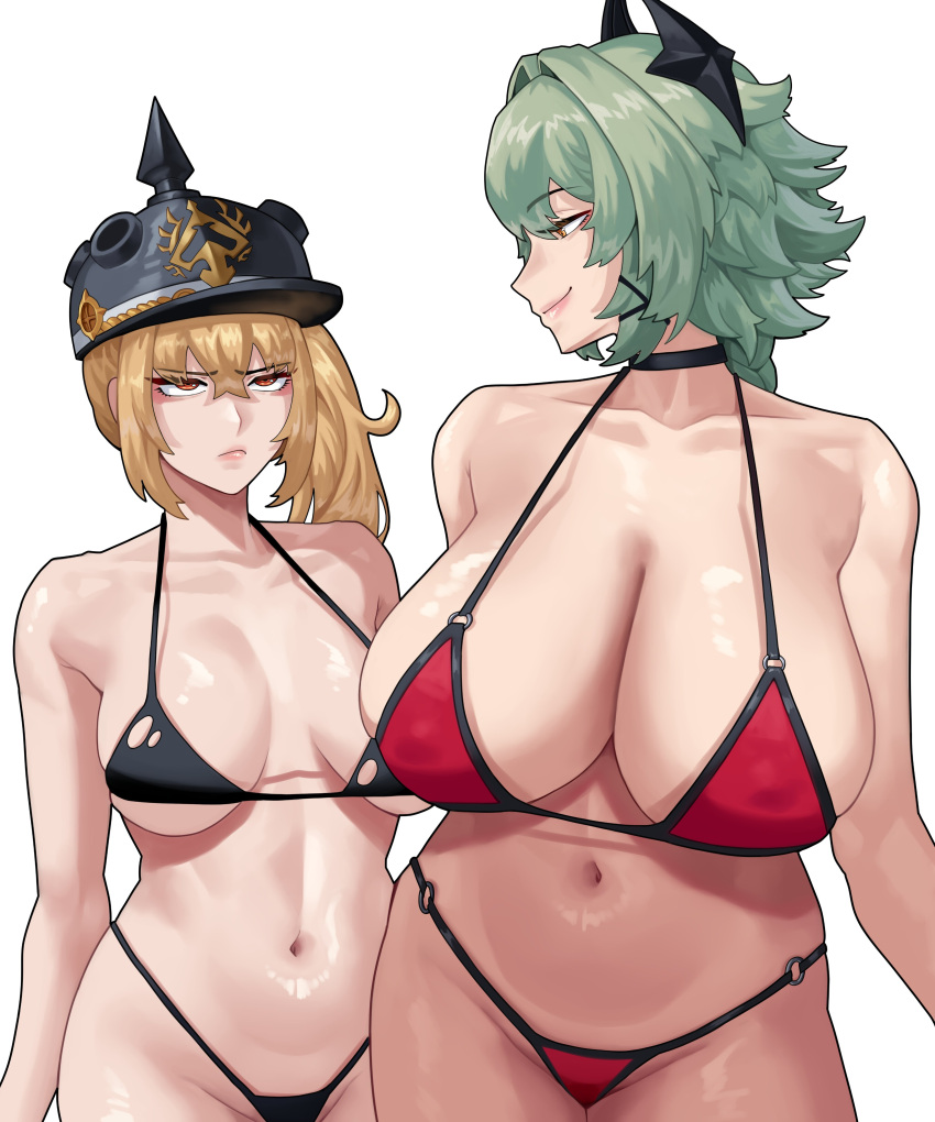 2_girls absurd_res arapanchi big_breasts bikini black_bikini black_choker blonde_hair breasts caesar_king_(zenless_zone_zero) choker green_hair hat high_res horns hoyoverse huge_breasts luciana_de_montefio meme mihoyo mom_and_her_daughter_(meme) multiple_girls navel orange_eyes red_bikini simple_background stomach swimsuit white_background zenless_zone_zero