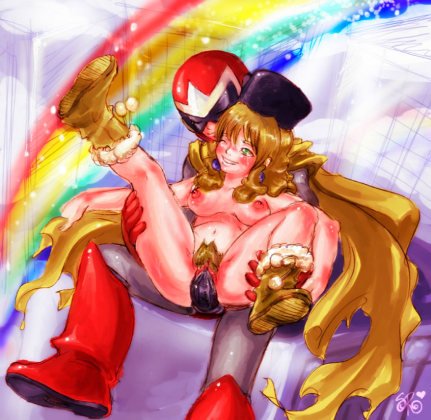 1boy 1girl blonde_hair blues_(rockman) boots breasts capcom green_eyes helmet kalinka_cossack long_hair mega_man one_eye_closed proto_man pubic_hair rainbow rockman sex sitting_on_person spread_legs vaginal