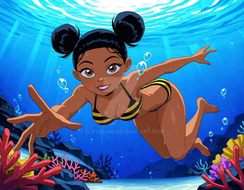 1girl 2025 ai_generated beach black_and_yellow_bikini black_eyebrows black_hair_female breasts brown_eyes bumblebee dc_comics deviantart elryusam female karen_beecher looking_at_viewer meta ocean red_lipstick smile_at_viewer smiling_at_viewer solo swimming teen_titans underwater warner_brothers wet_bikini wet_body wet_skin