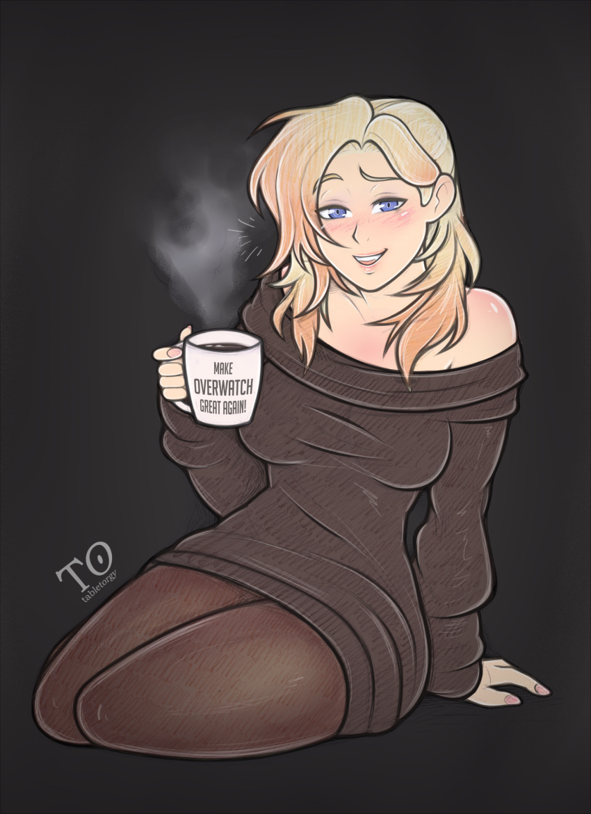 1girl alternate_costume alternate_hairstyle arm_support bare_shoulders black_background blizzard_entertainment blonde_female blonde_hair blue_eyes blush breasts brown_legwear brown_pantyhose coffee collarbone cup drink female_only female_solo full_body hair_down hand_up happy holding holding_cup holding_drink legwear lips long_hair long_sleeves looking_at_viewer medium_breasts mercy_(overwatch) nail_polish neck off-shoulder_sweater off_shoulder open_mouth overwatch pantyhose pink_nails round_teeth simple_background sitting smile sweater tabletorgy teeth thick_thighs thighs upper_teeth upper_teeth_only