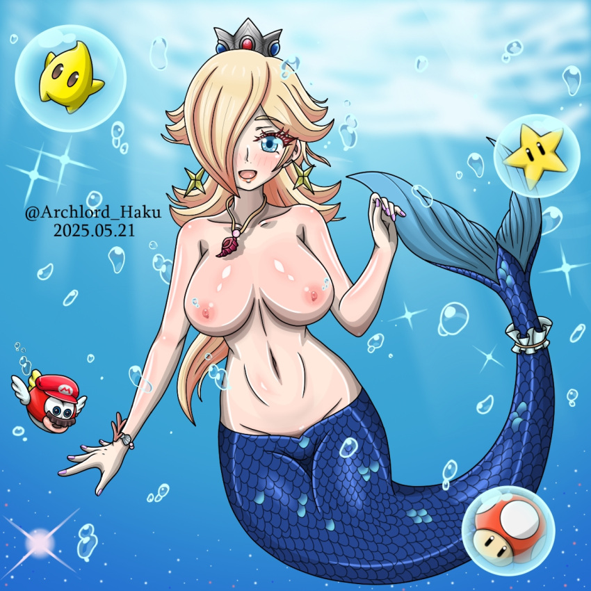 1girl archlord_haku big_breasts breasts cheep_cheep cosplay female luma mario mario_(cosplay) mario_(series) mermaid monster_girl mushroom nintendo nude princess_rosalina star super_mario_galaxy underwater