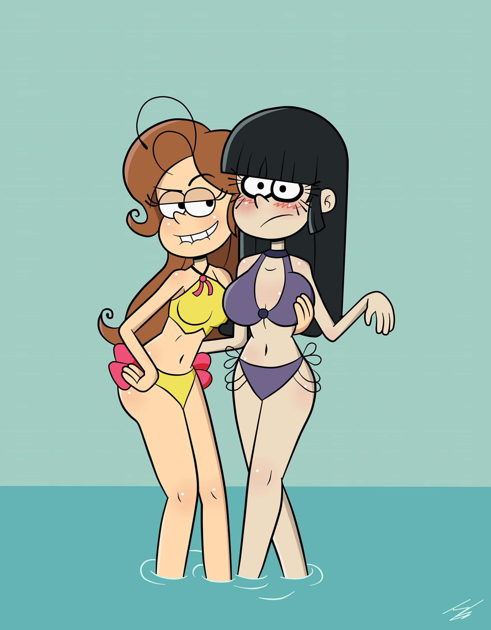 2girls aged_up bangs big_breasts bikini biting_lip black_hair blunt_bangs blush breast_grab breasts brown_hair female female_only frown groping half-closed_eyes human luan_loud maggie maggie_(the_loud_house) midriff multiple_girls nickelodeon older pepemay93 smile straight_hair swimwear the_loud_house thighs water yuri
