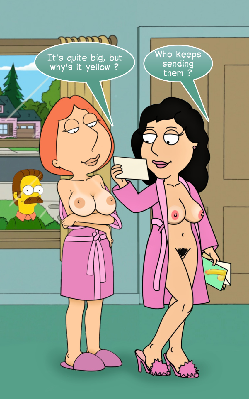 bonnie_swanson breasts crossover dressing_gown edit family_guy lois_griffin ned_flanders photos speech_bubble tagme the_simpsons