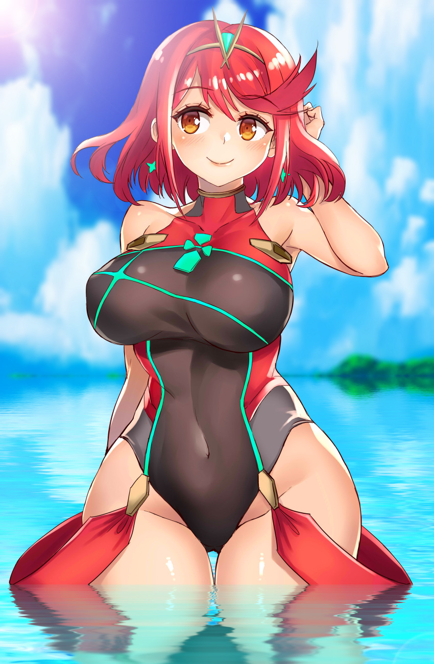 1girl absurd_res alluring bangs big_breasts black_bikini blush brown_eyes casual_one-piece_bikini closed_mouth commentary core_crystal covered_collarbone covered_navel cowboy_shot curvy earrings eyebrows_visible_through_hair flipped_hair hair_ornament halterneck hand_behind_head hand_up heroine high_res highleg highleg_bikini hip_focus jewelry kaorihero legs_together light_smile looking_at_viewer medium_hair milf monolith_soft multicolored multicolored_clothes navel nintendo ocean one-piece_bikini parted_bangs pyra_(pro_swimmer)_(xenoblade) pyra_(xenoblade) red_bikini red_hair red_ribbon reflection ribbon short_hair sidelocks smile standing swimsuit thick_thighs thigh_gap thighs tiara turtleneck vermadis2x water wide_hips xenoblade_(series) xenoblade_chronicles_2