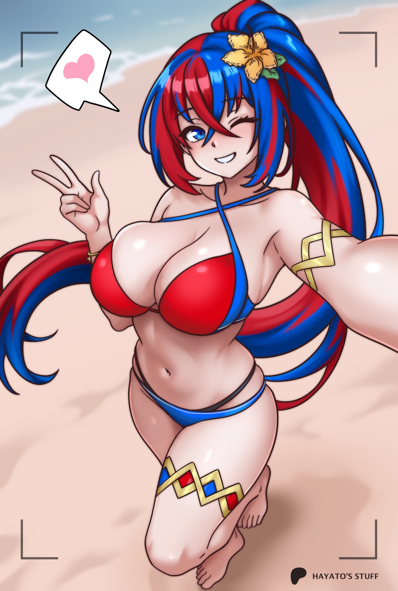 1girl alear_(female)_(fire_emblem) alear_(female)_(seaside_dragon)_(fire_emblem) alear_(fire_emblem) alluring big_breasts bikini blue_and_red_hair blush cleavage clothed clothing fire_emblem fire_emblem_engage from_below hayato_stuff heterochromia intelligent_systems nintendo red_and_blue_hair